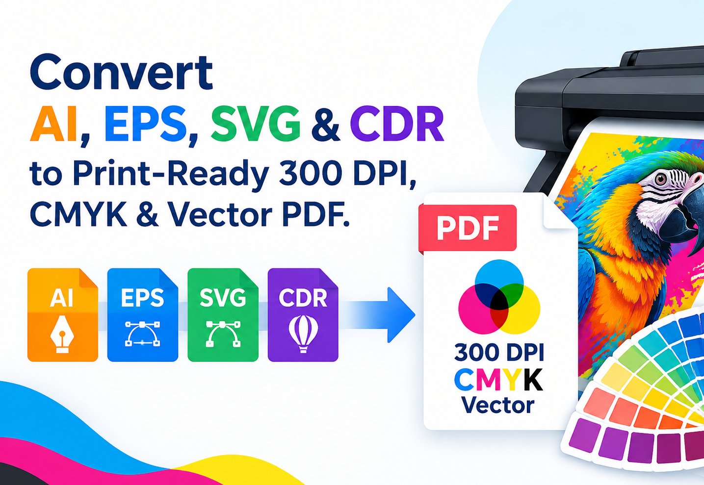How to Convert AI, EPS, SVG & CDR to High-Res 300 DPI, CMYK & Vector PDF Online